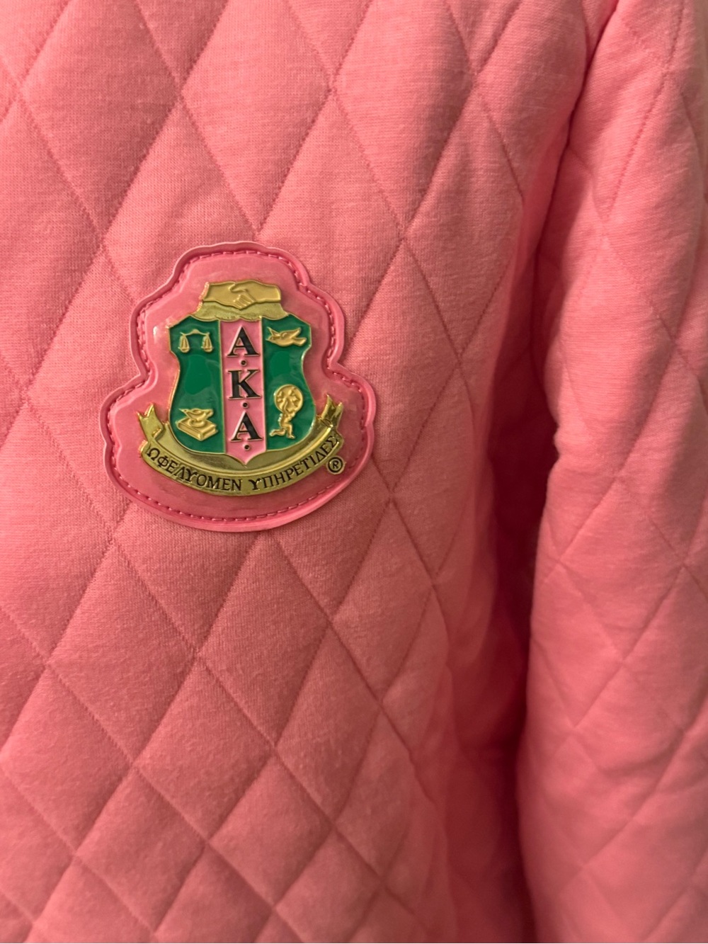 Women’s Pink AKA Quilted Bomber Jacket with Green/white Stripe Trim - Picture 2 of 6